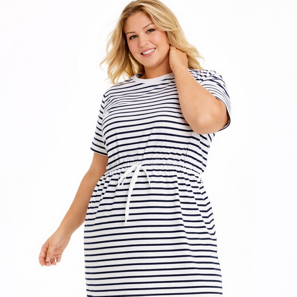 Draper James Stripe Tie Waist T-Shirt Dress 2X Navy White Cotton Spring Brunch